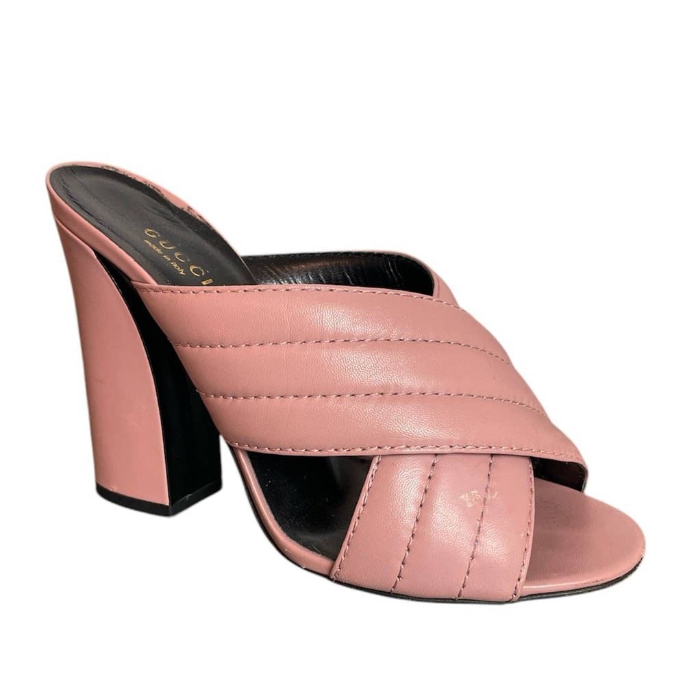 GUCCI Webby Criss Cross Quilted Block Heels Mule Sandals \\ 38.5